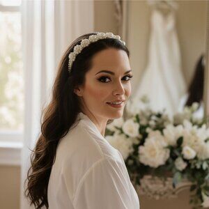 Bridal Pearl Headband ✦ Double Row w/ Floral Clusters ✦ White & Gold Design